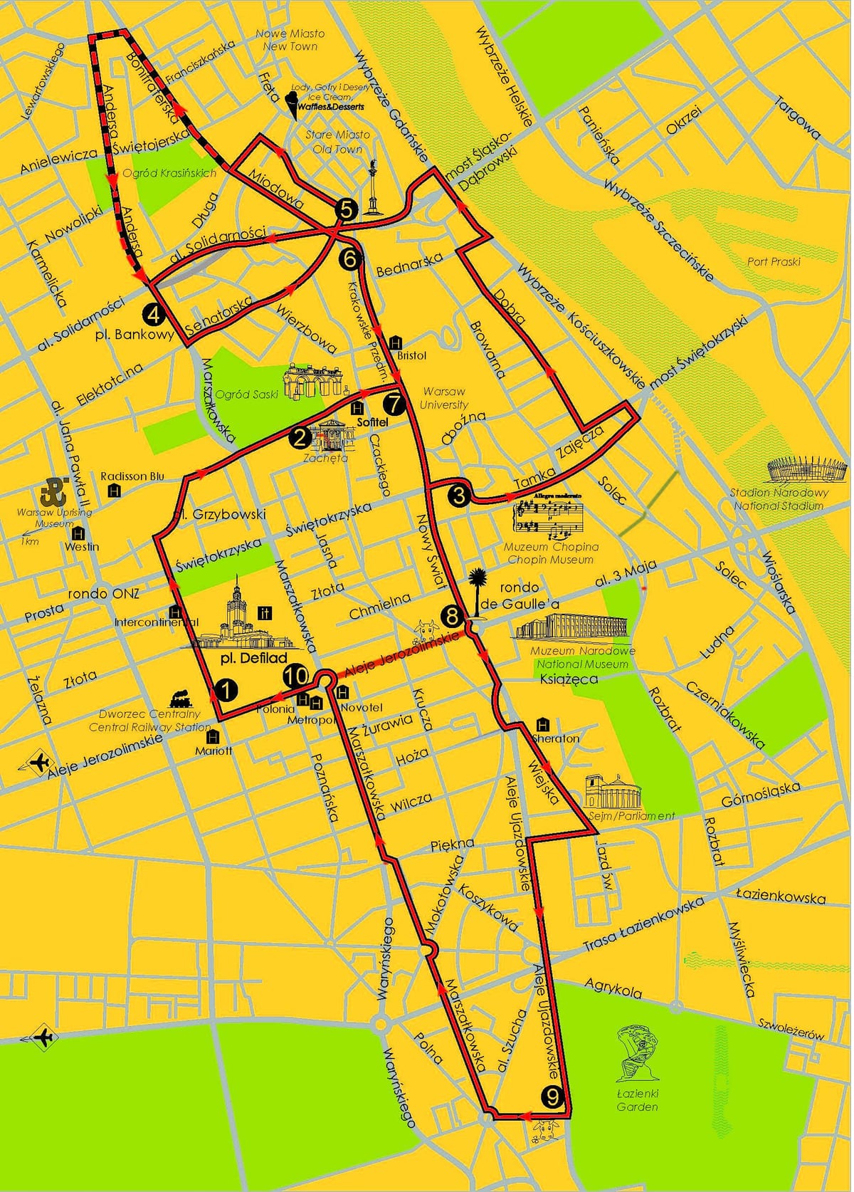 Kort over Warszawa hop on hop off bus 