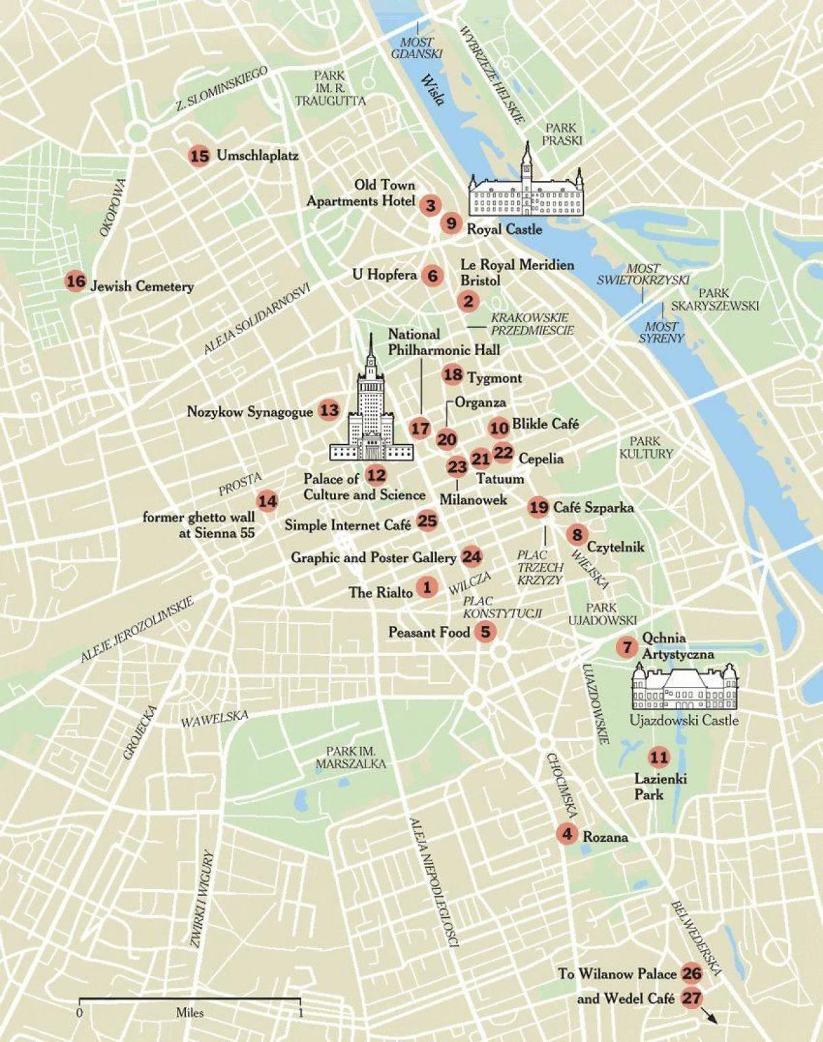 kort over Warszawa med turist-attraktioner