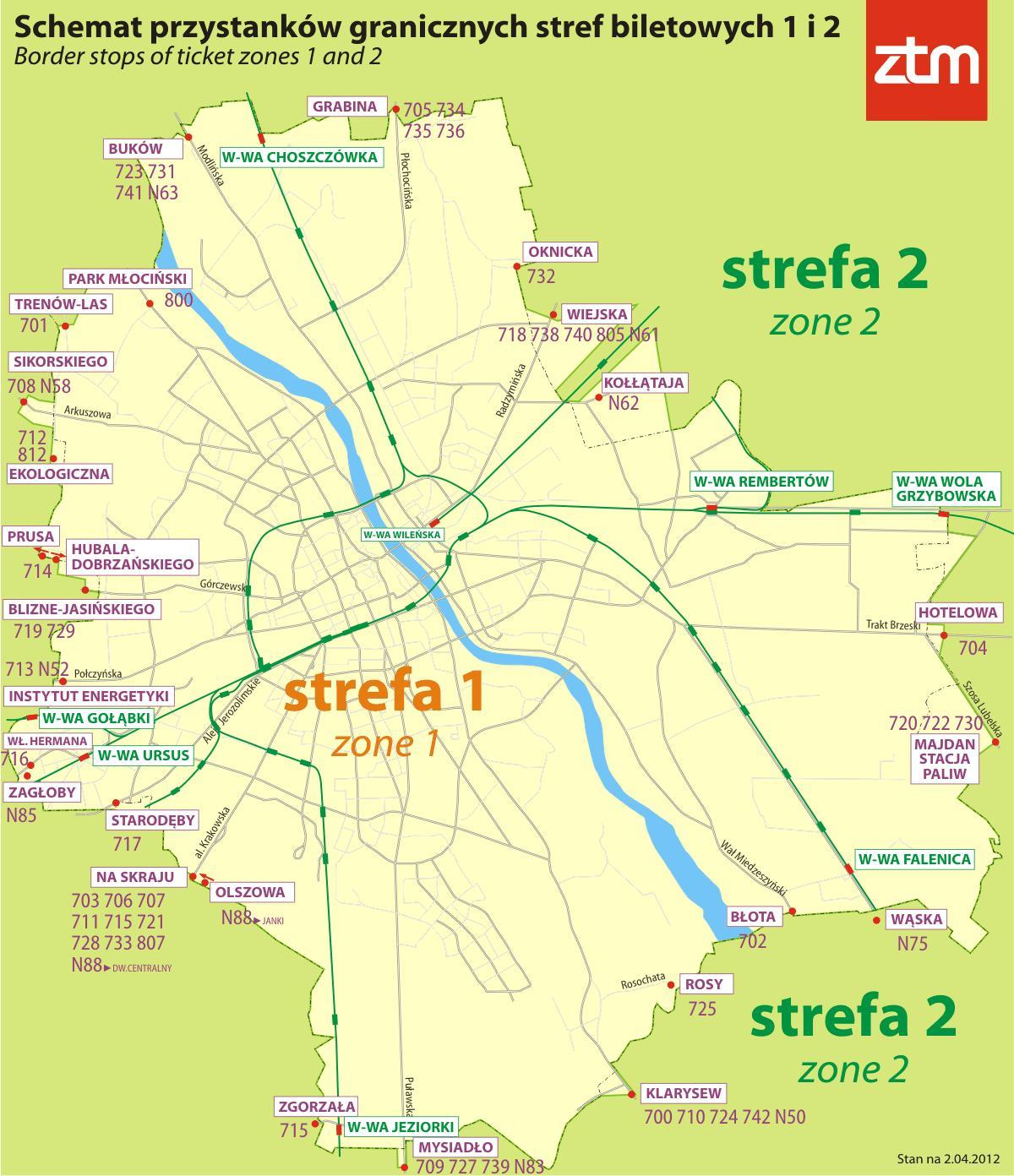 Kort over Warszawa zone 1 2 